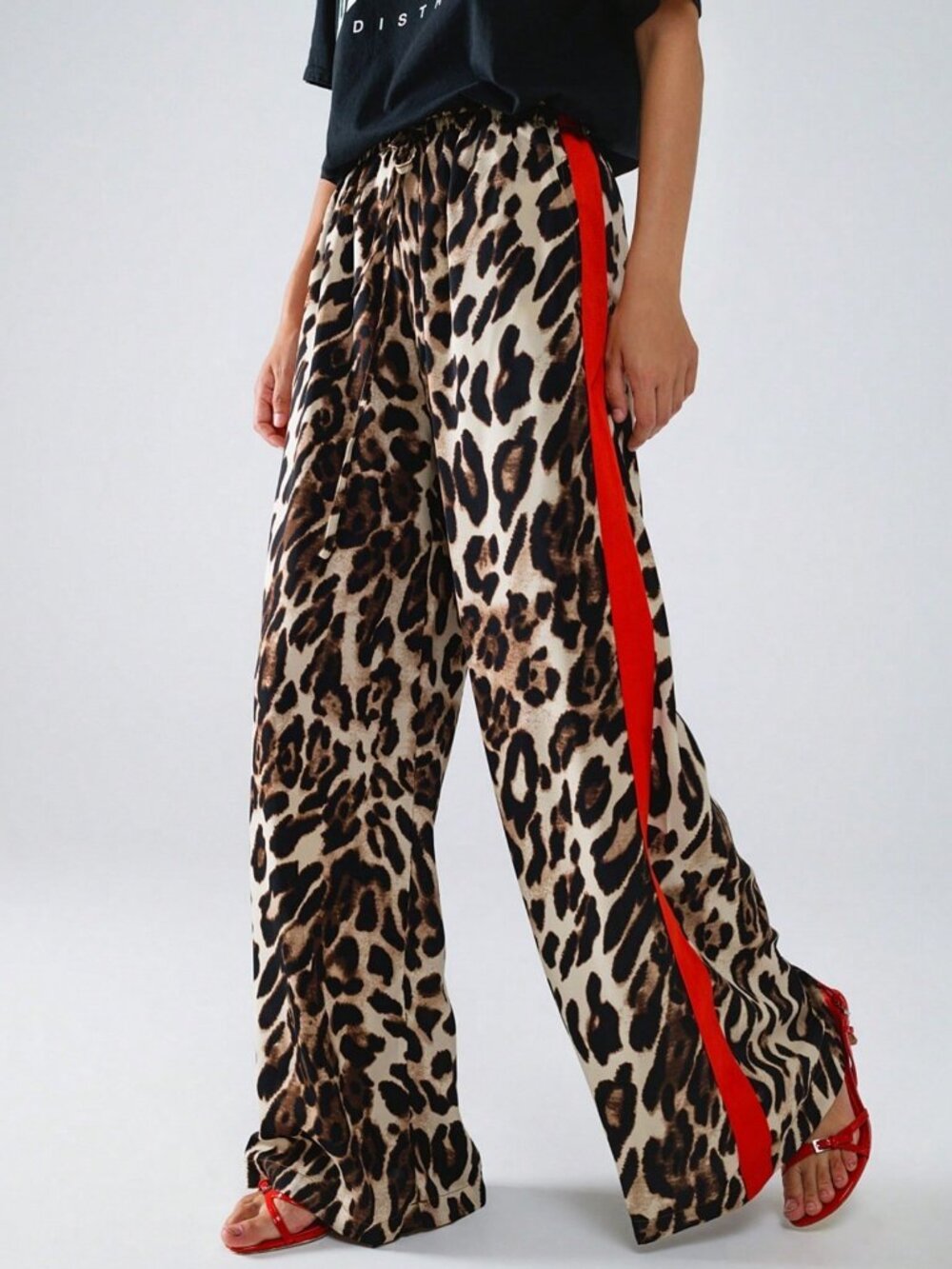Brown Casual Women's Leopard Drawstring Elastic Wide Leg Pants